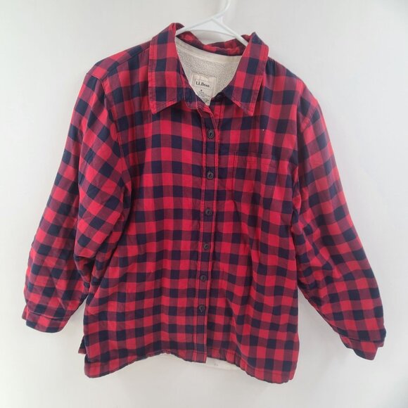 L.L. Bean Men's Button Up Shirt Jacket Red Plaid Size M Pockets Fleece Lined - Picture 1 of 8